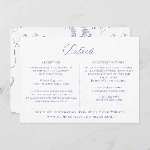 Regency Blue Floral Wedding Details Card