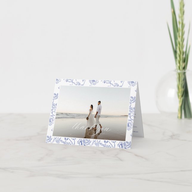 Regency Blue Floral Wedding Photo Thank You Card (Front)
