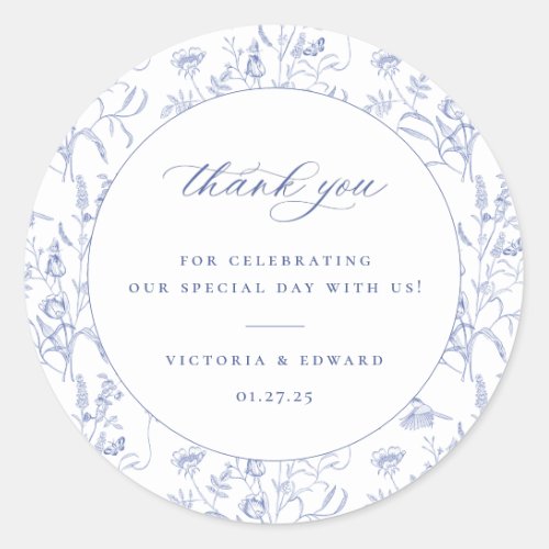 Regency Blue Floral Wedding Thank You Classic Round Sticker