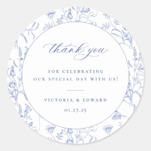 Regency Blue Floral Wedding Thank You Classic Round Sticker