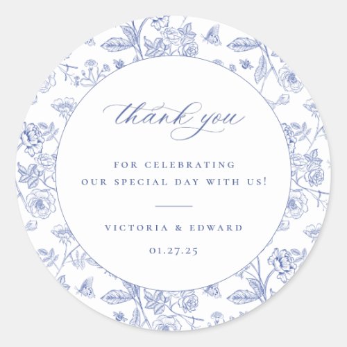 Regency Blue Floral Wedding Thank You Classic Round Sticker