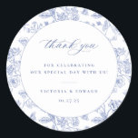 Regency Blue Floral Wedding Thank You Classic Round Sticker<br><div class="desc">Regency Blue Vintage Floral Pattern,  wedding favor thank you sticker.</div>