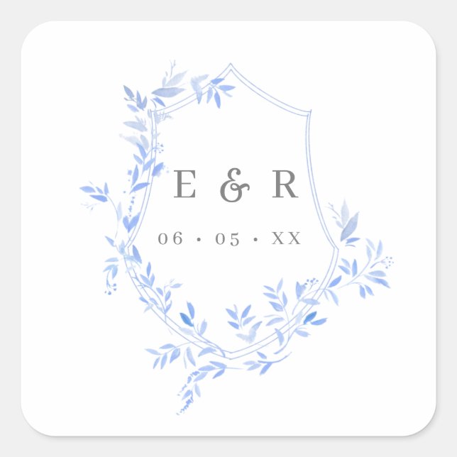 Regency Blue Leaves Crest Monogram Square Sticker (Front)