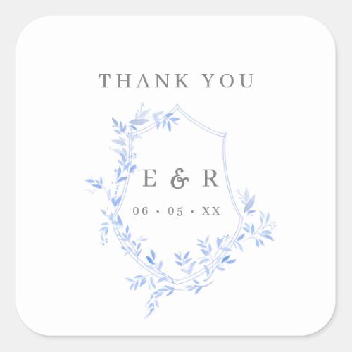 Regency Blue Leaves Crest Monogram Thank You Square Sticker