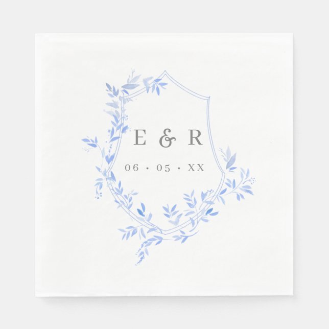 Regency Blue Leaves Crest Monogram Wedding Napkins (Front)
