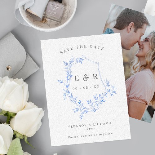 Regency Blue Leaves Crest Monogram Wedding Photo Save The Date