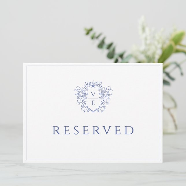 Regency Blue Monogram Crest Reserved Table Card (Standing Front)