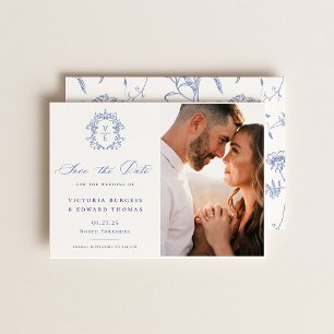 Regency Blue Monogram Crest Wedding Photo Save The Date
