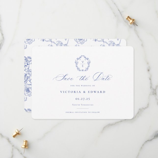 Regency Blue Monogram Crest Wedding Save The Date (Front/Back In Situ)