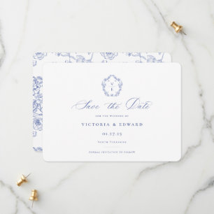 Regency Blue Monogram Crest Wedding Save The Date