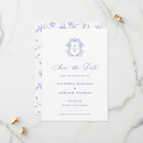 Regency Blue Monogram Crest Wedding Save The Date