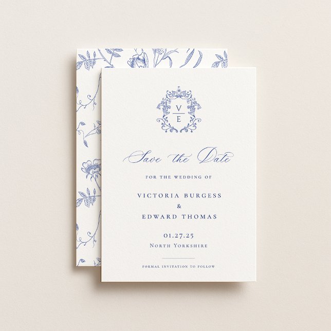 Regency Blue Monogram Crest Wedding Save The Date (Creator Uploaded)