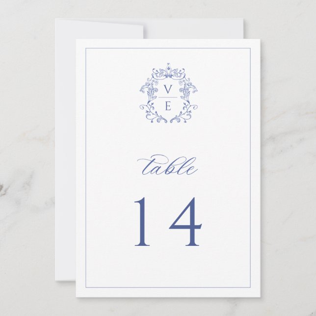 Regency Blue Monogram Crest Wedding Table Number (Front)