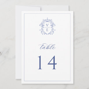 Regency Blue Monogram Crest Wedding Table Number