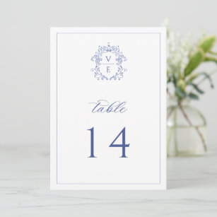Regency Blue Monogram Crest Wedding Table Number