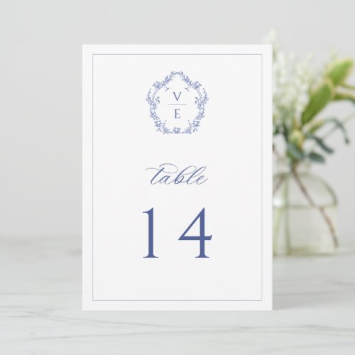 Regency Blue Monogram Crest Wedding Table Number