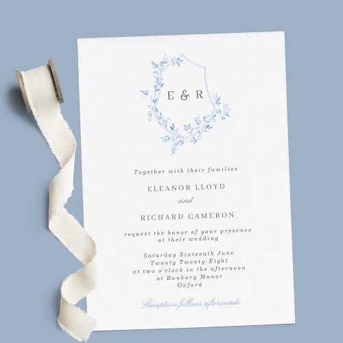 Regency Blue Monogram Leaf Crest Wedding Invitatio Invitation