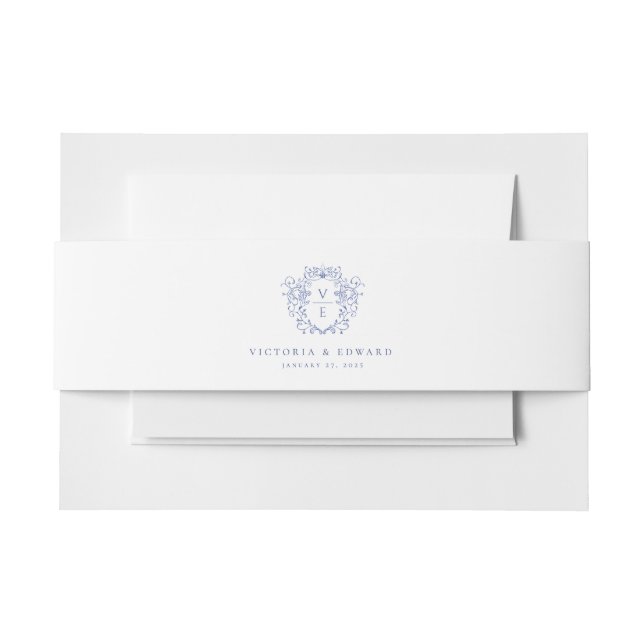 Regency Blue Ornamental Crest Monogram Wedding Invitation Belly Band (Front Example)