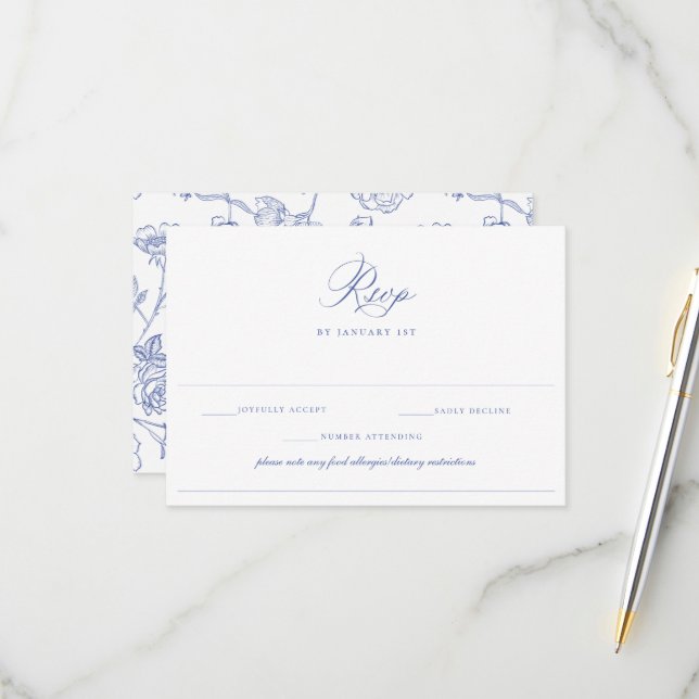 Regency Blue Wedding Food Allergy Diet Restriction RSVP Card (Front/Back In Situ)