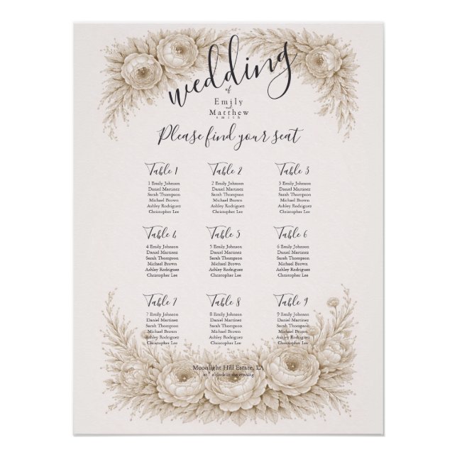 Regency Botanical Engraving Wedding Seating Chart (Front)