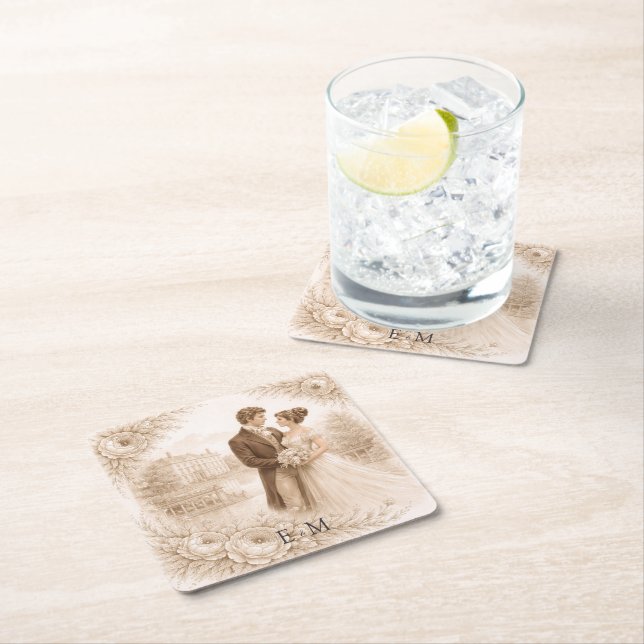 Regency Botanical Engraving Wedding Square Paper Coaster (Insitu)