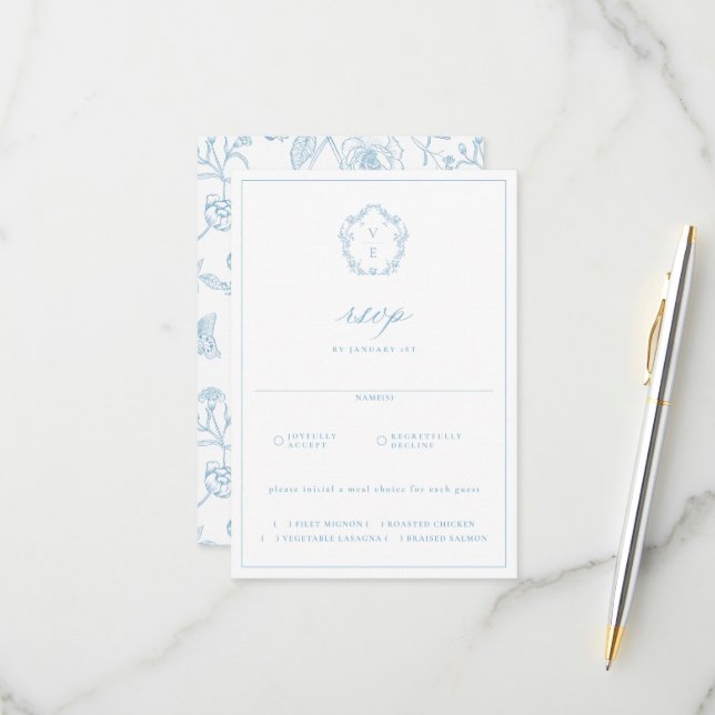 Regency Crest Light Blue Meal Choice Wedding RSVP Card (Front/Back In Situ)