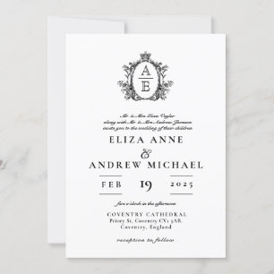 Regency Crest Monogram Black and White Wedding Invitation