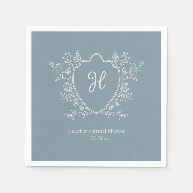 Regency Crest Monogram Blue Bridal Shower Napkins (Front)