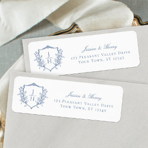Regency Crest Monogram Blue Wedding Return Address Label