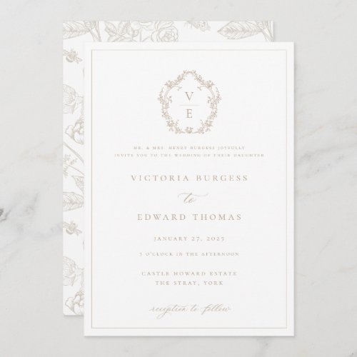 Regency Era Beige Crest Monogram Wedding Invitation