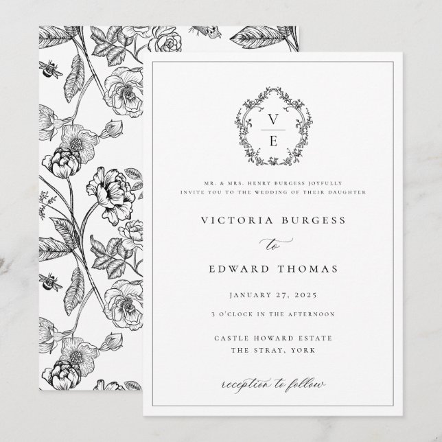 Regency Era Black Crest Monogram Wedding Invitation (Front/Back)