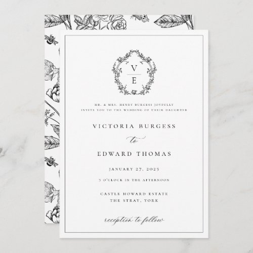 Regency Era Black Crest Monogram Wedding Invitation