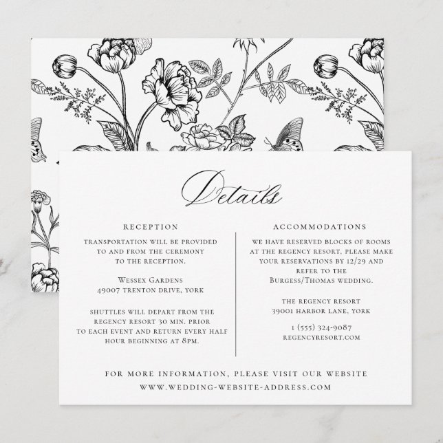 Regency Era Black Floral Wedding Details Card (Front/Back)