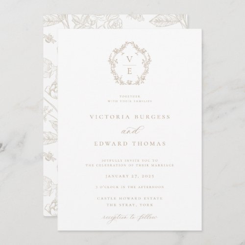 Regency Era Crest Beige Monogram Wedding Invitation