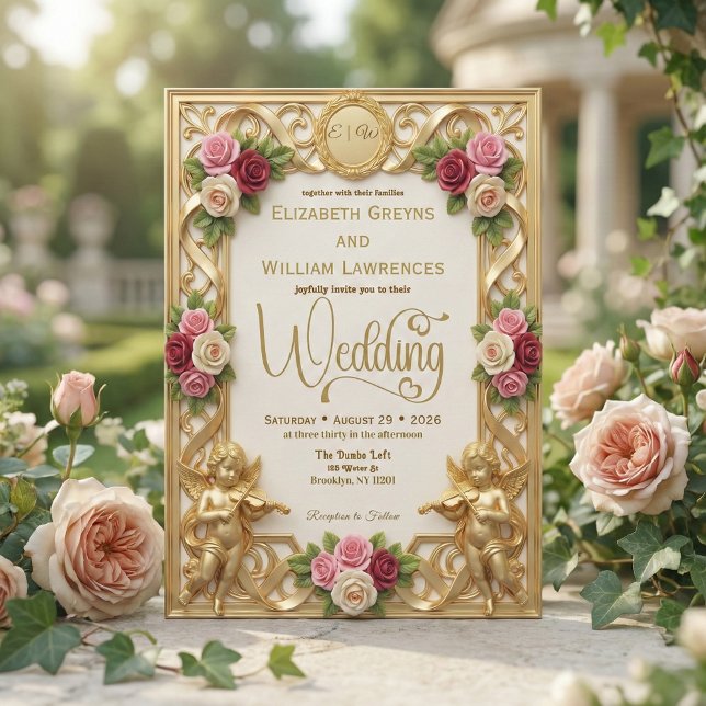 Regency Era Garden Cherub Monogram Wedding Invitation (Creator Uploaded)