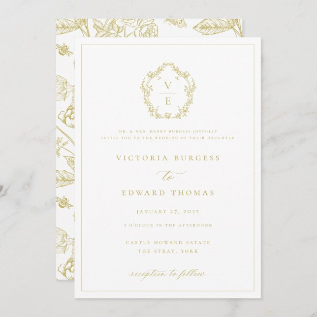 Regency Era Gold Crest Monogram Wedding Invitation (Front/Back)