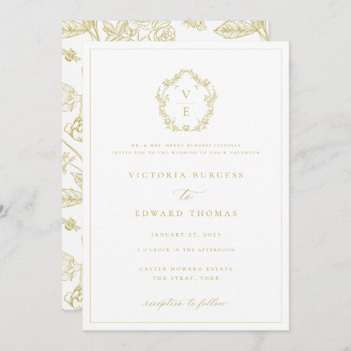 Regency Era Gold Crest Monogram Wedding Invitation