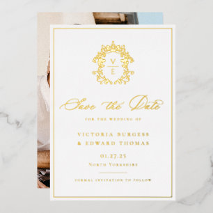 Regency Era Monogram Crest Wedding Photo Foil Invitation