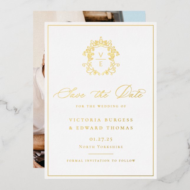 Regency Era Monogram Crest Wedding Photo Foil Invitation (Front/Back)