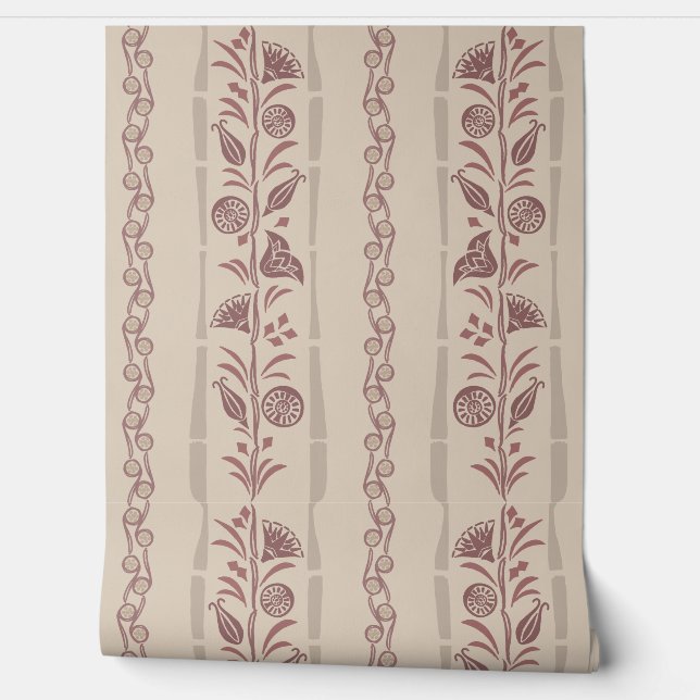 Regency Floral Sophisticated Stripes Mute Burgundy Wallpaper (Unrolling)