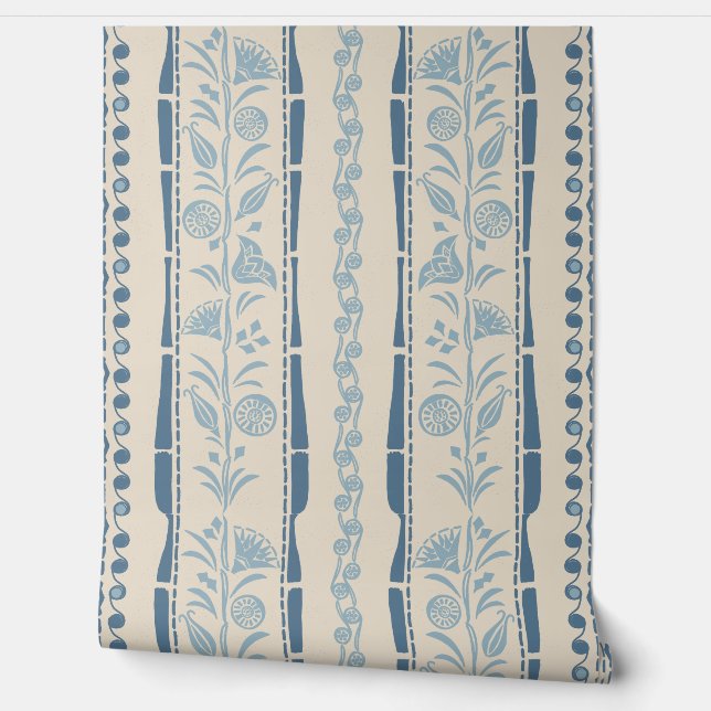 Regency Floral Stripes - Dusty Blue - cream  Wallpaper (Unrolling)
