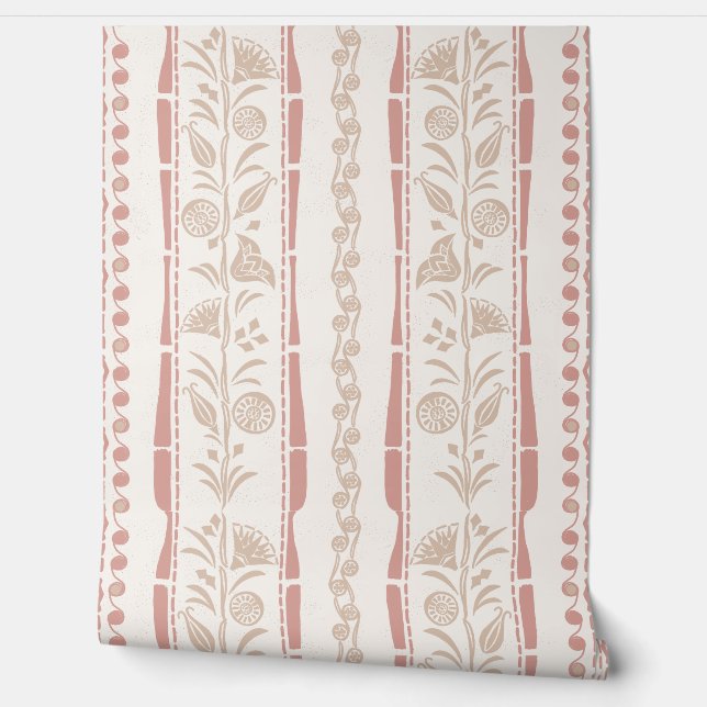 Regency Floral Stripes - Muted Pink - White  Wallpaper (Unrolling)