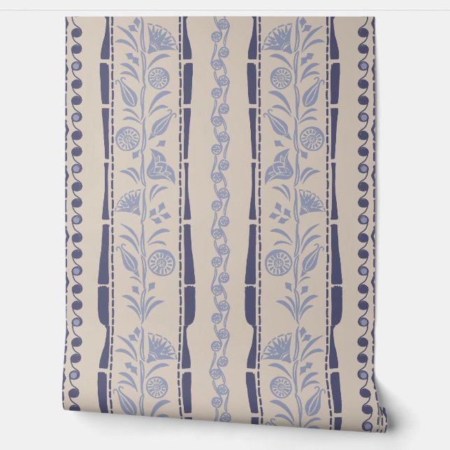 Regency Floral Stripes - Navy Blue - Cream Wallpaper (Unrolling)