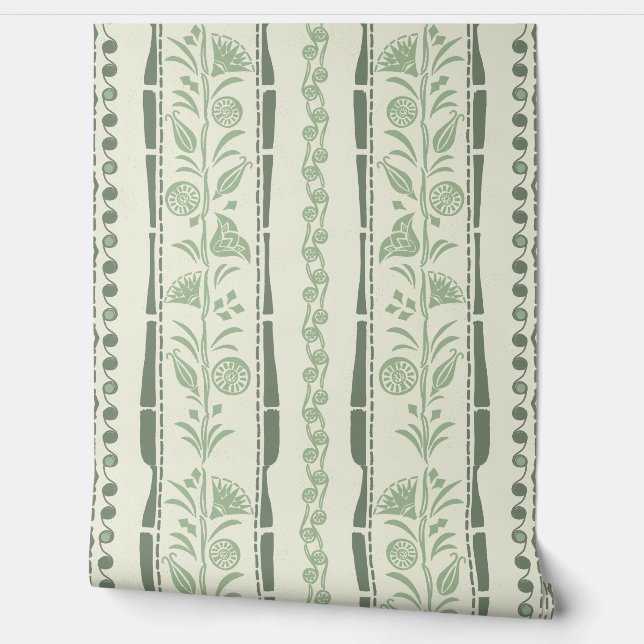 Regency Floral Stripes - Sage Green - Cream Wallpaper (Unrolling)