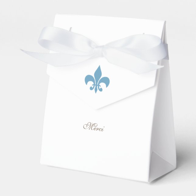 Regency French Blue Fleur de Lis Merci Wedding Favor Boxes (Front Side)
