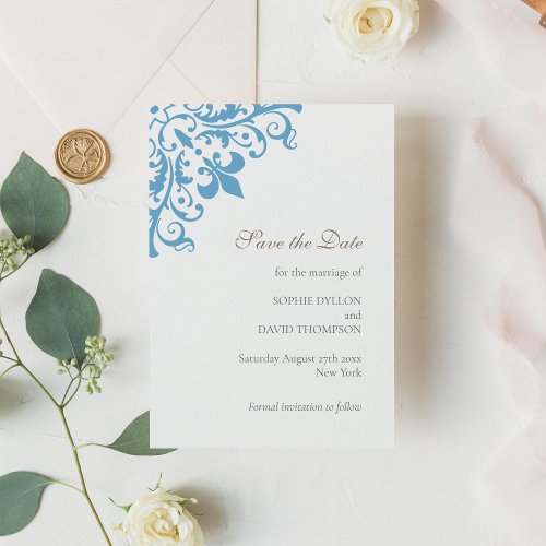 Regency French Blue Fleur de Lis Pattern Wedding Save The Date