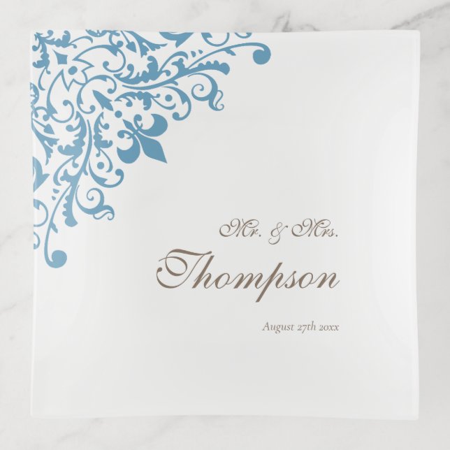 Regency French Blue Fleur de Lis Wedding Memento Trinket Tray (Front)