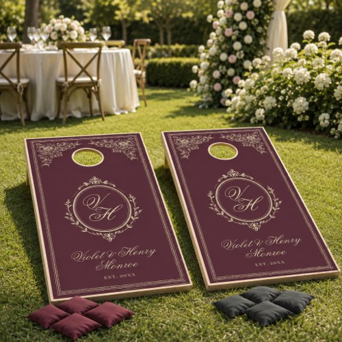 Regency Garden Vintage Monogram Burgundy Wedding Cornhole Set