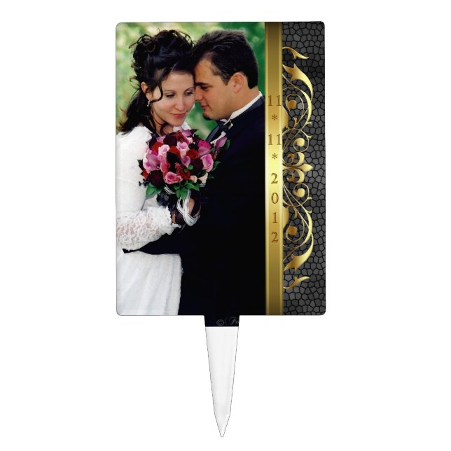 Regency Gold Scroll Black Photo Cake Topper (Front)