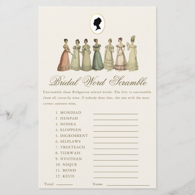 Regency Ladies Word Scramble Bridal Shower Game (Front)